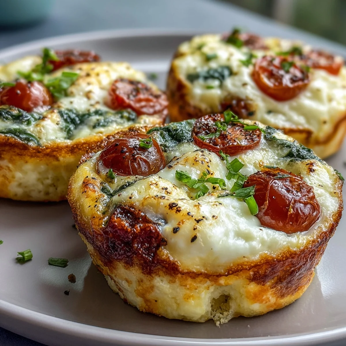 A close-up of savory High-Protein Egg Muffin Cups with Spinach and Tomatoes, featuring fluffy eggs, spinach, and diced tomatoes.