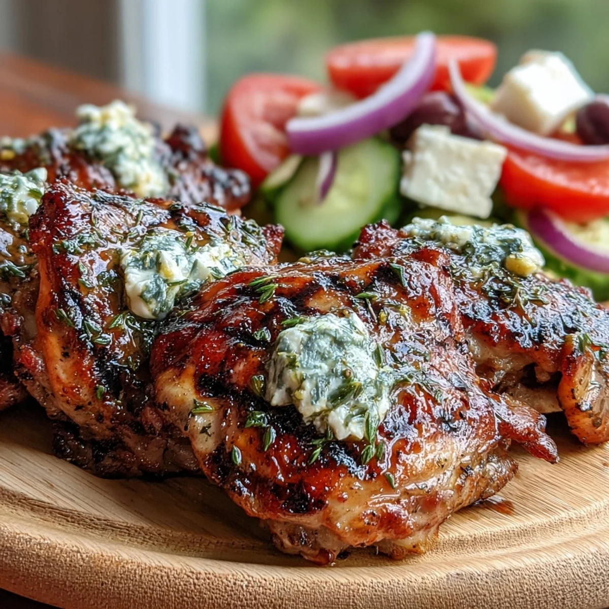 A close-up shows juicy marinated chicken thighs topped with fresh oregano and served with fresh vegetables.
