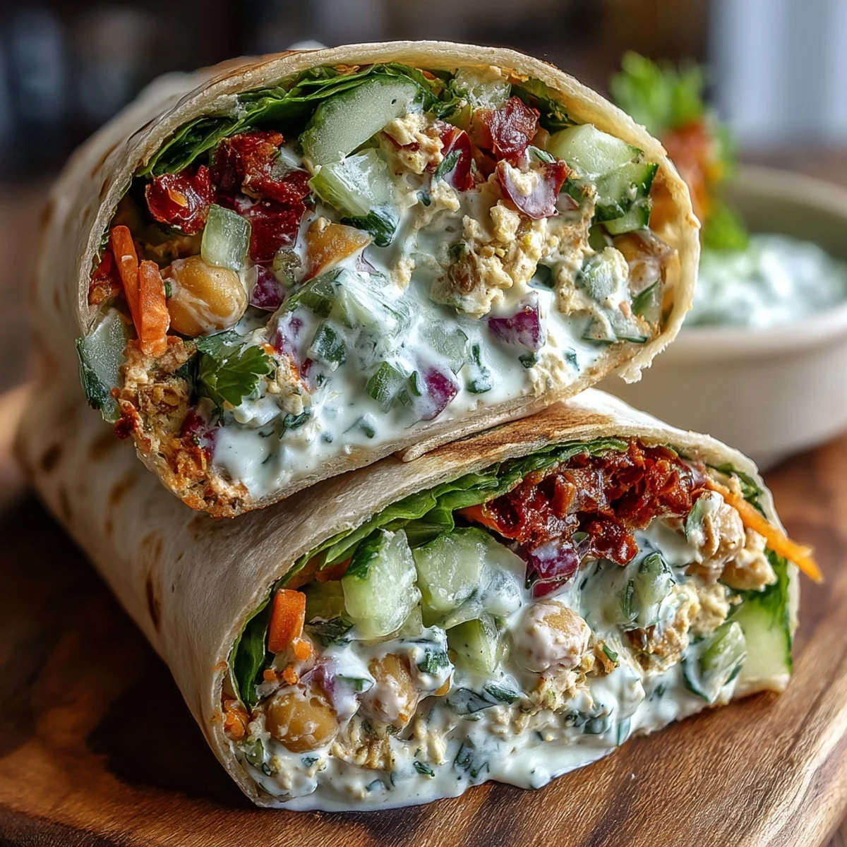 Creamy vegan coconut curry chickpea salad wrapped in a soft tortilla with fresh greens and vibrant veggies.