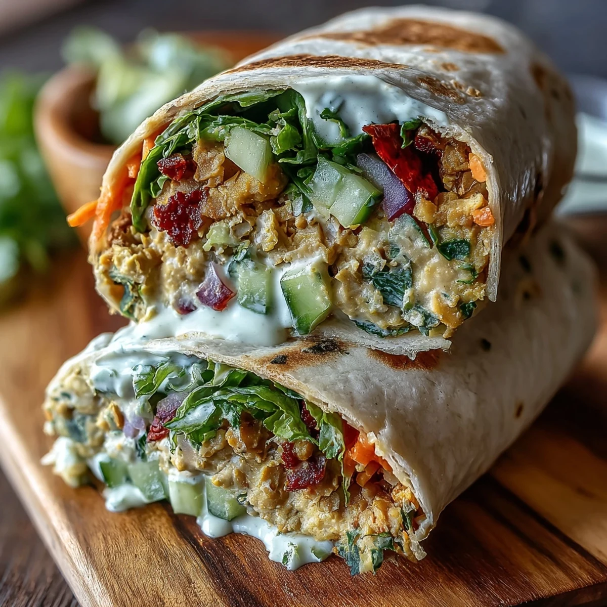Colorful Vegan Coconut Curry Chickpea Salad Wraps filled with crunchy celery and red peppers, served halved on a plate.