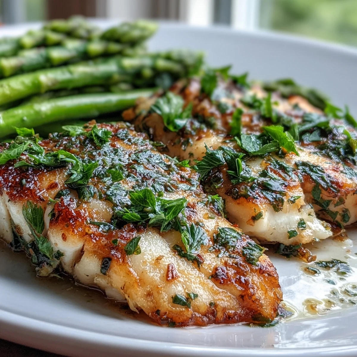 Flaky lemon dill tilapia fillets paired with crisp steamed asparagus spears, ideal for a light dinner.
