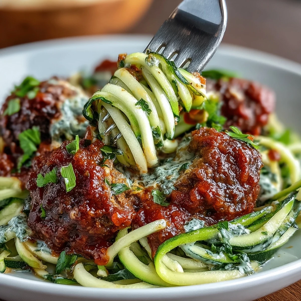Smoky lentil meatballs in rich marinara sauce served over tender zucchini noodles for a hearty vegan dinner.  
