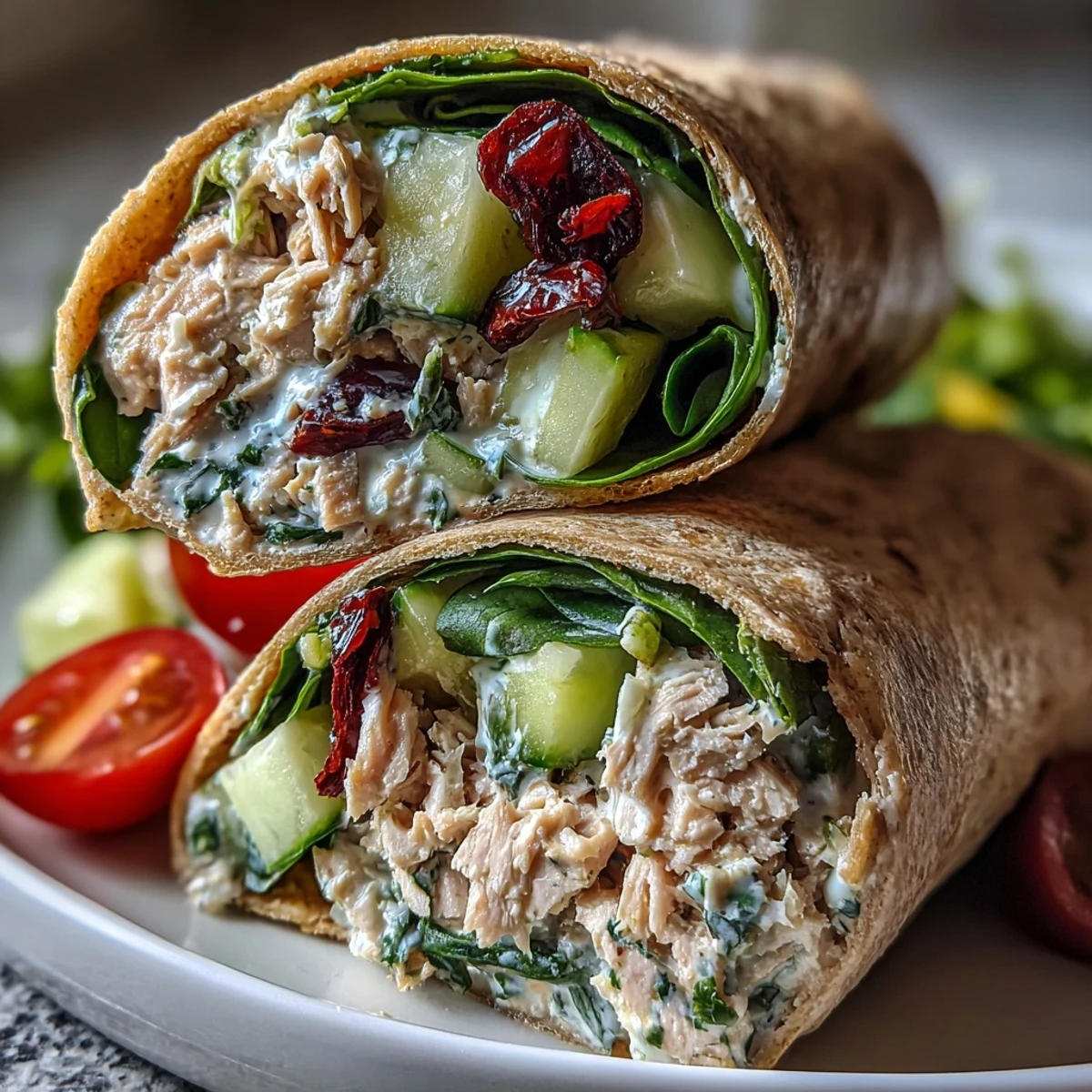 Fresh tuna and white bean wrap with crisp cucumber, tomatoes, and zesty lemon dressing, perfect for a healthy Mediterranean-inspired lunch.