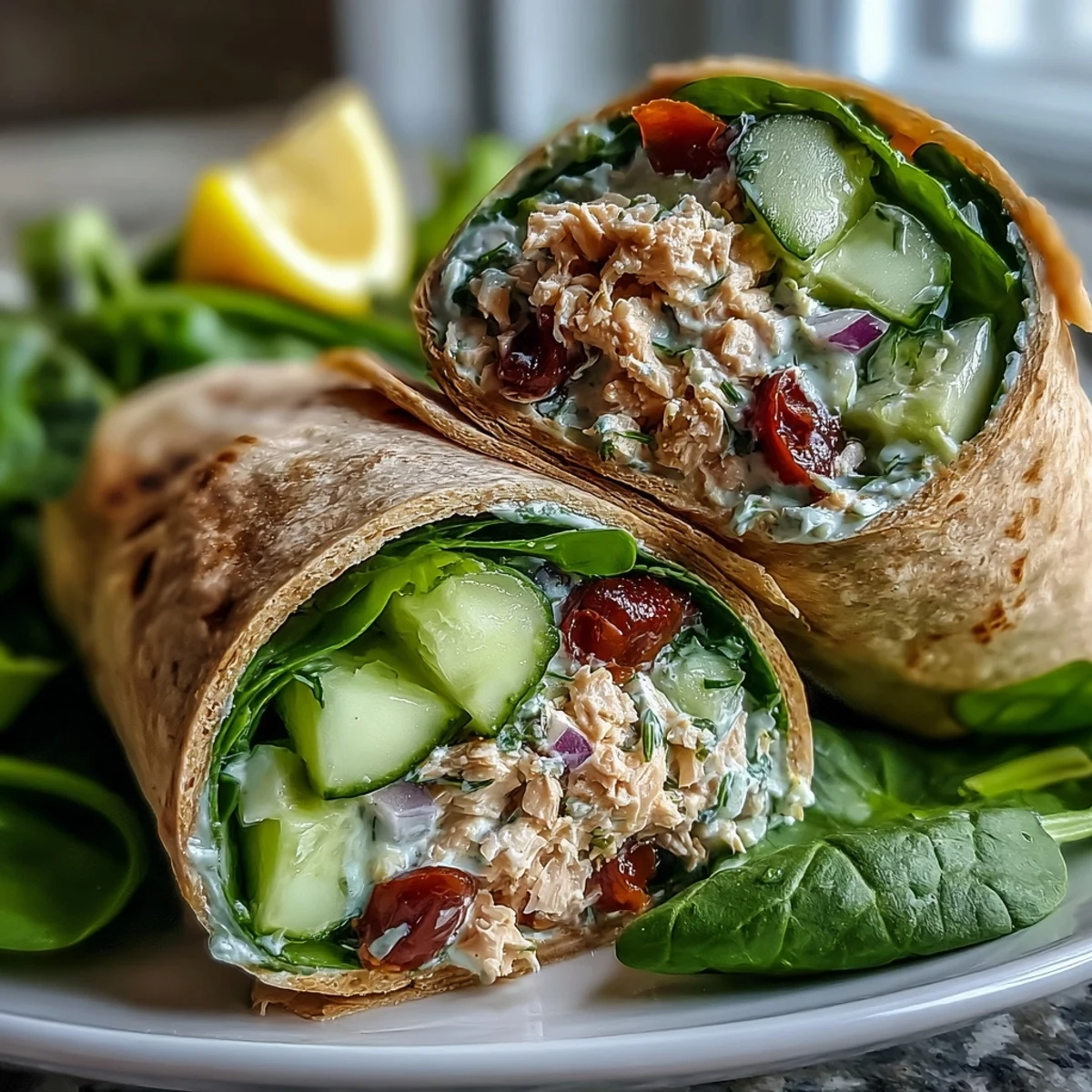 Protein-packed tuna and white bean salad wrap filled with crunchy veggies and baby spinach, drizzled with Dijon-lemon vinaigrette for a light, no-mayo meal.