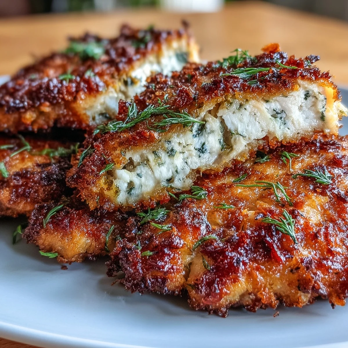 Flavorful dill pickle marinated chicken breasts coated in crunchy Parmesan and breadcrumbs, ready to serve.  