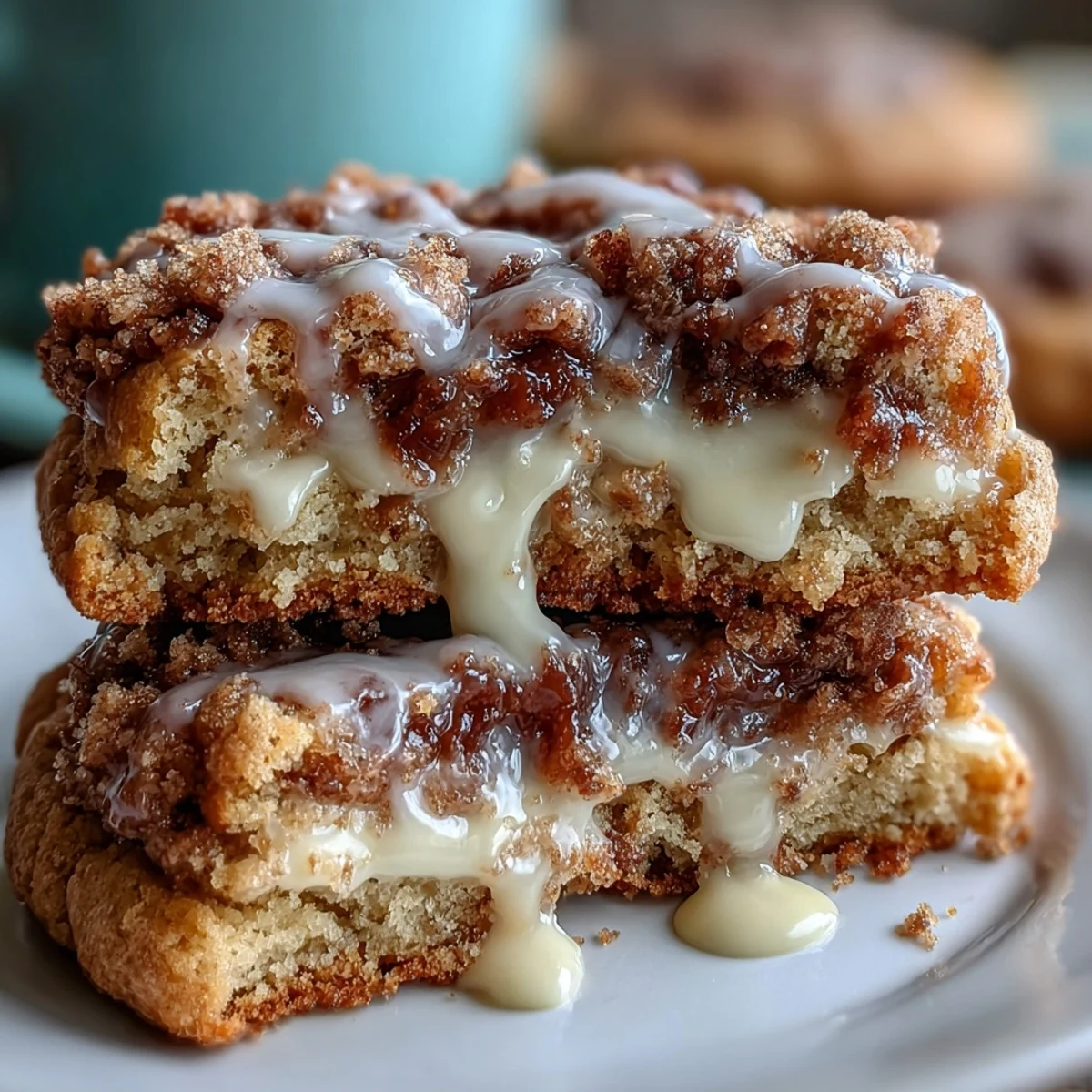 Indulge in soft coffee cake cookies topped with cinnamon streusel and vanilla glaze, a cozy treat for coffee lovers.