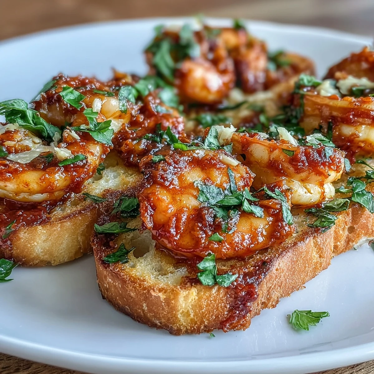 Crispy toasted sourdough topped with garlicky shrimp sautéed in spicy Calabrian chili oil, garnished with fresh parsley and lemon zest.