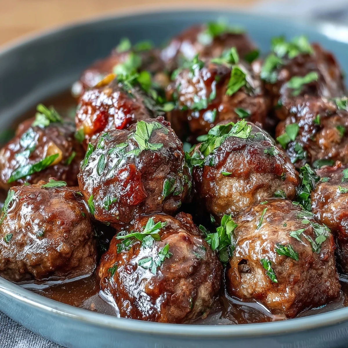 Tender meatballs bathed in a bold, buttery au jus and ranch sauce with sliced pepperoncini, perfect for serving as a hearty appetizer or main dish.