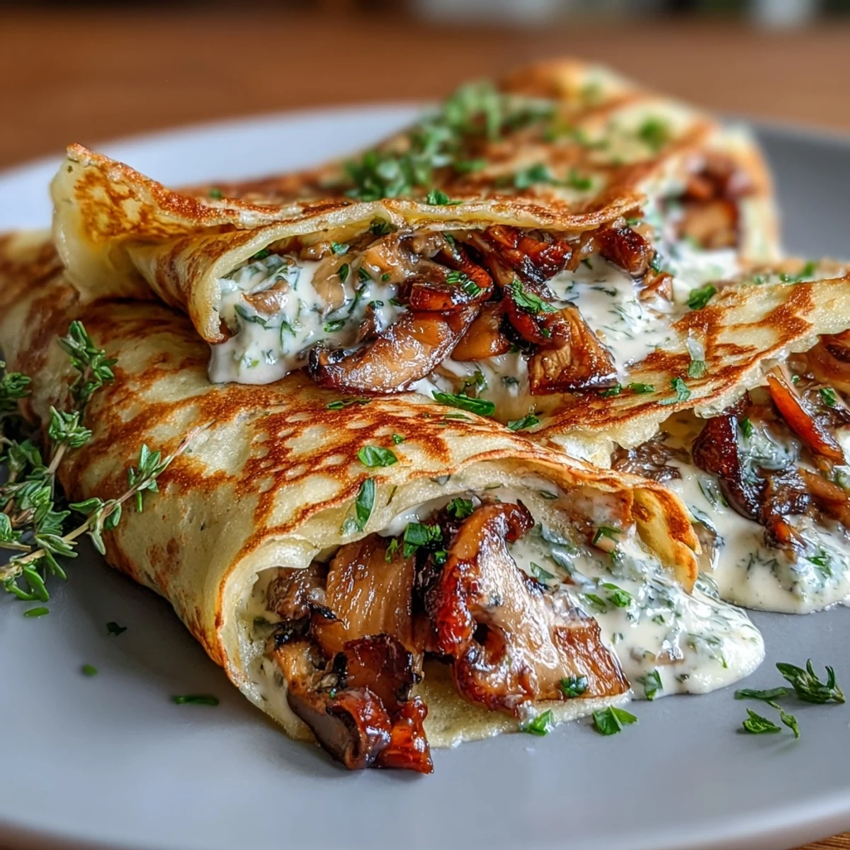 Rich and creamy wild mushroom crepe filling made with fresh thyme, chives, and a splash of white wine, wrapped in delicate French crepes for a luxurious meal.