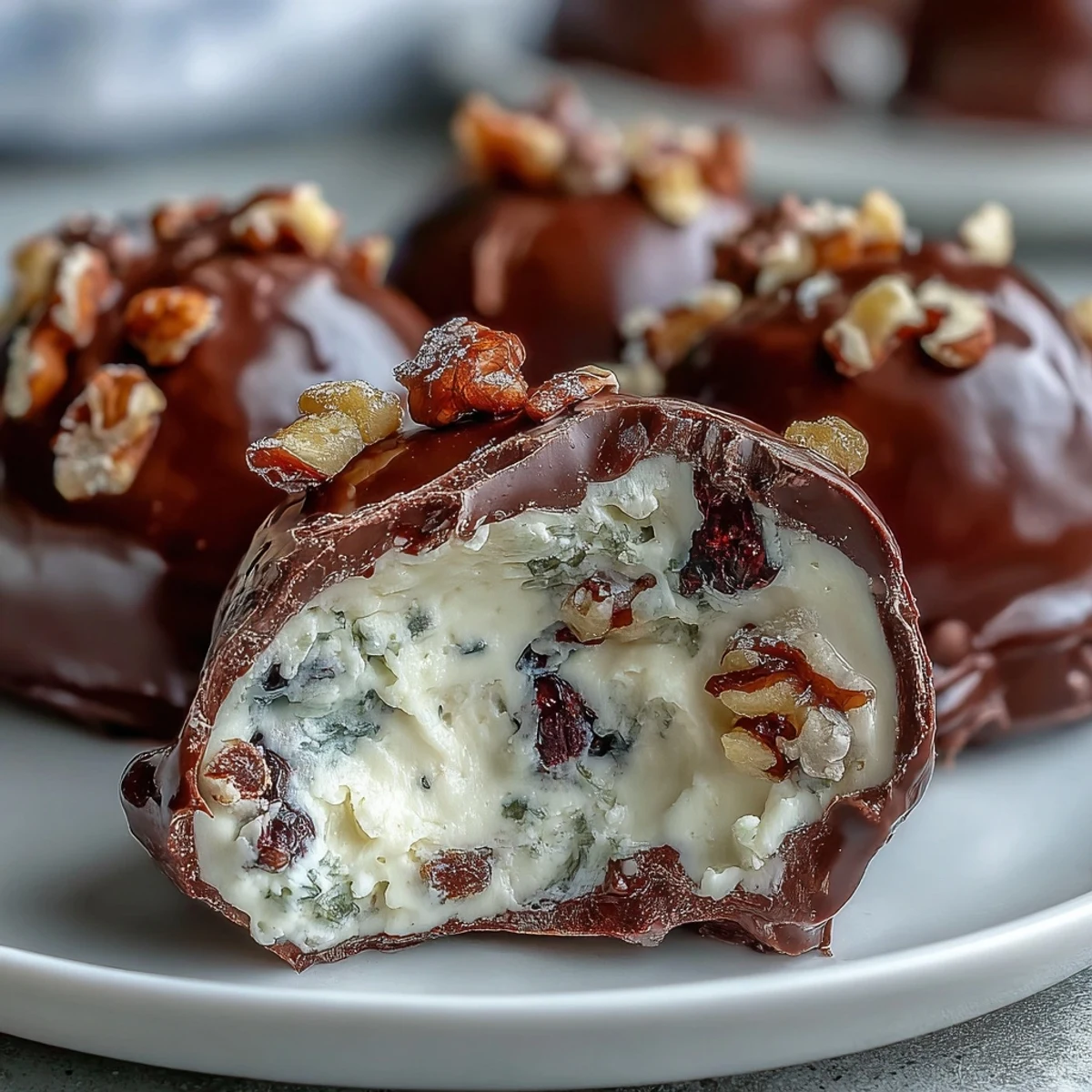 Creamy vanilla Greek yogurt mixed with blueberries and walnuts, coated in rich dark chocolate for a refreshing treat.  