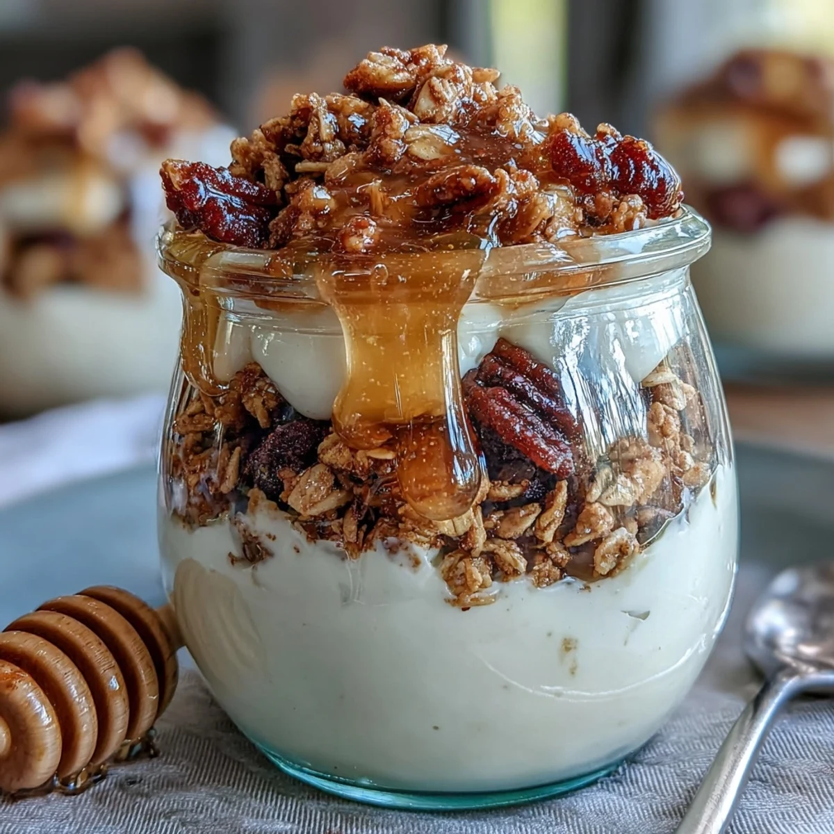 Vibrant parfait featuring tangy Greek yogurt, crisp granola, and rich salted honey, garnished with fresh seasonal berries.