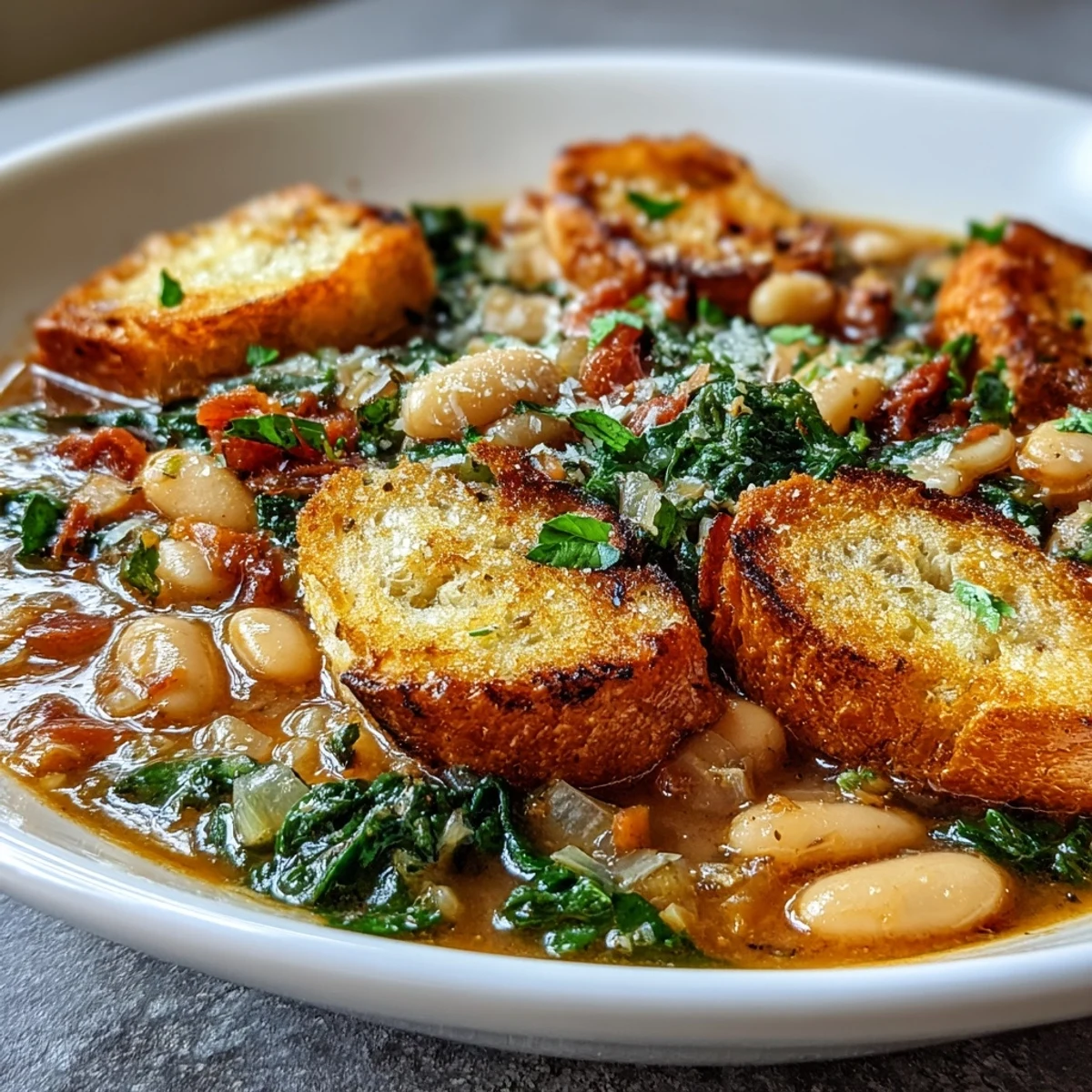 A rustic bowl of Tuscan Ribollita white bean soup with hearty vegetables and crisp sourdough croutons, perfect for a comforting vegetarian dinner.  