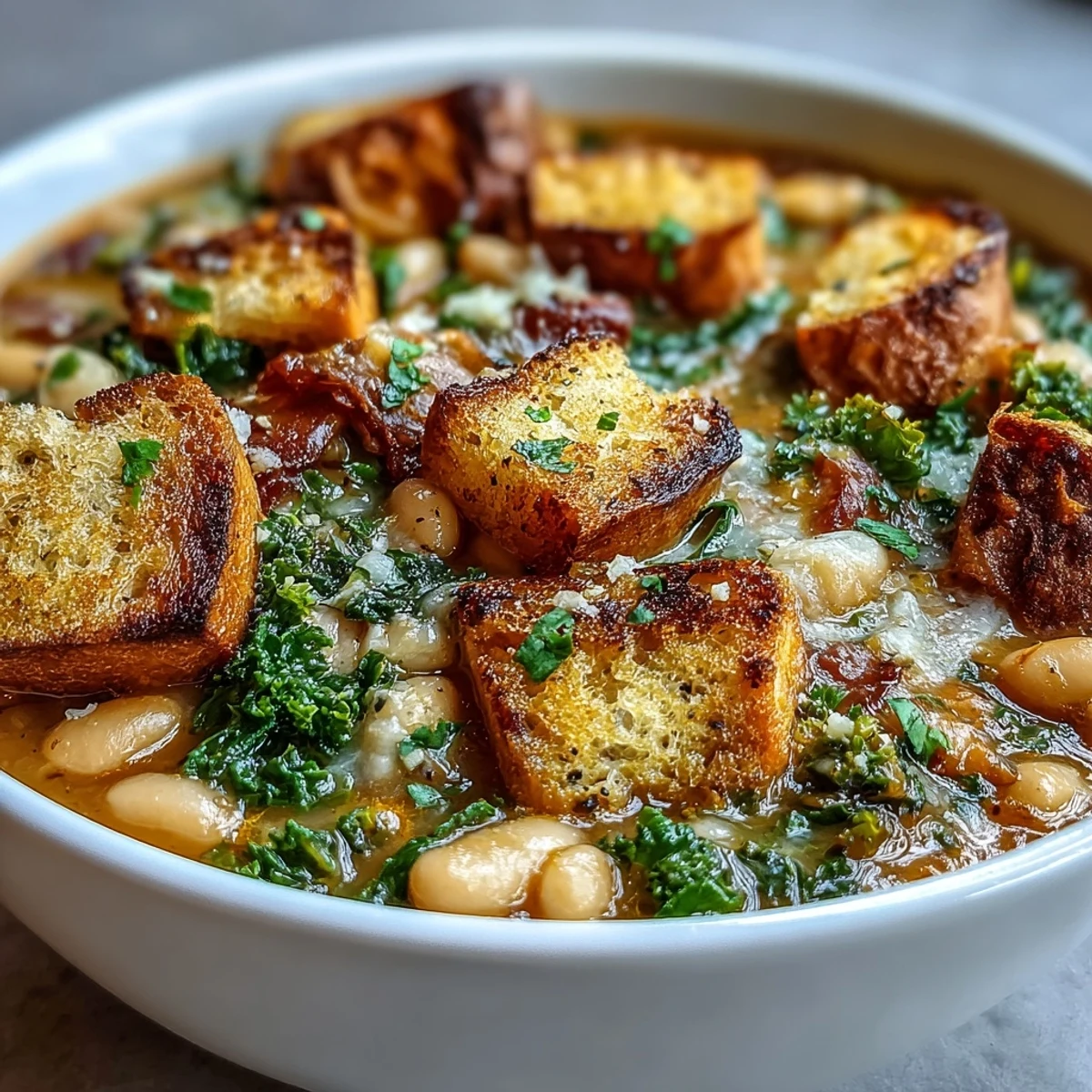 Hearty Italian Ribollita featuring tender white beans, seasonal vegetables, and rustic sourdough croutons, finished with a drizzle of olive oil for rich depth.