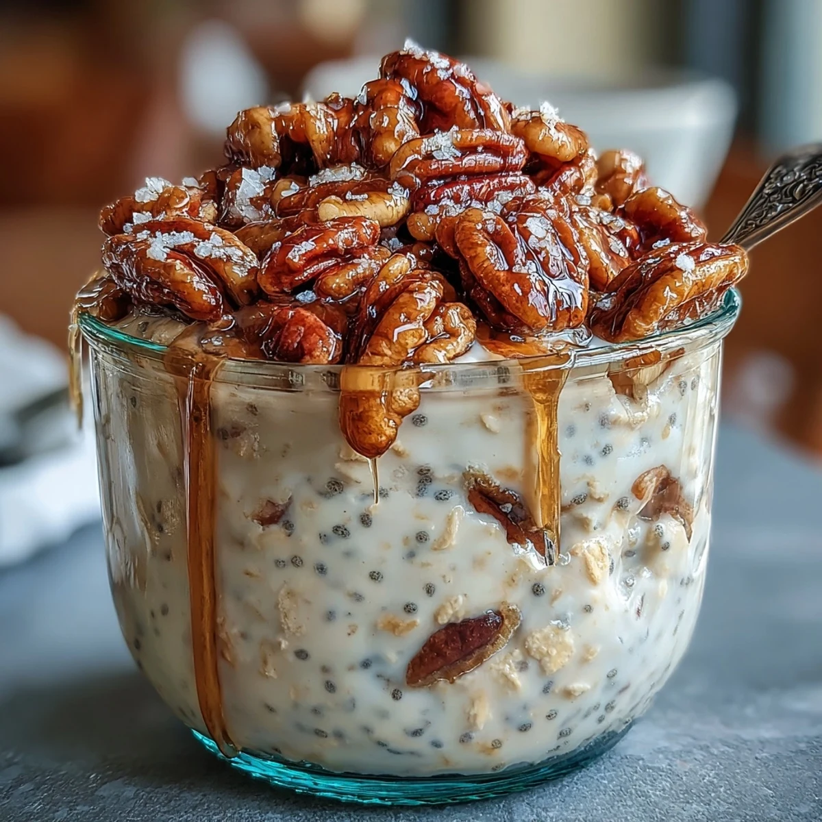 A jar of creamy overnight oats layered with Greek yogurt, topped with crunchy candied pecans and a drizzle of maple syrup.