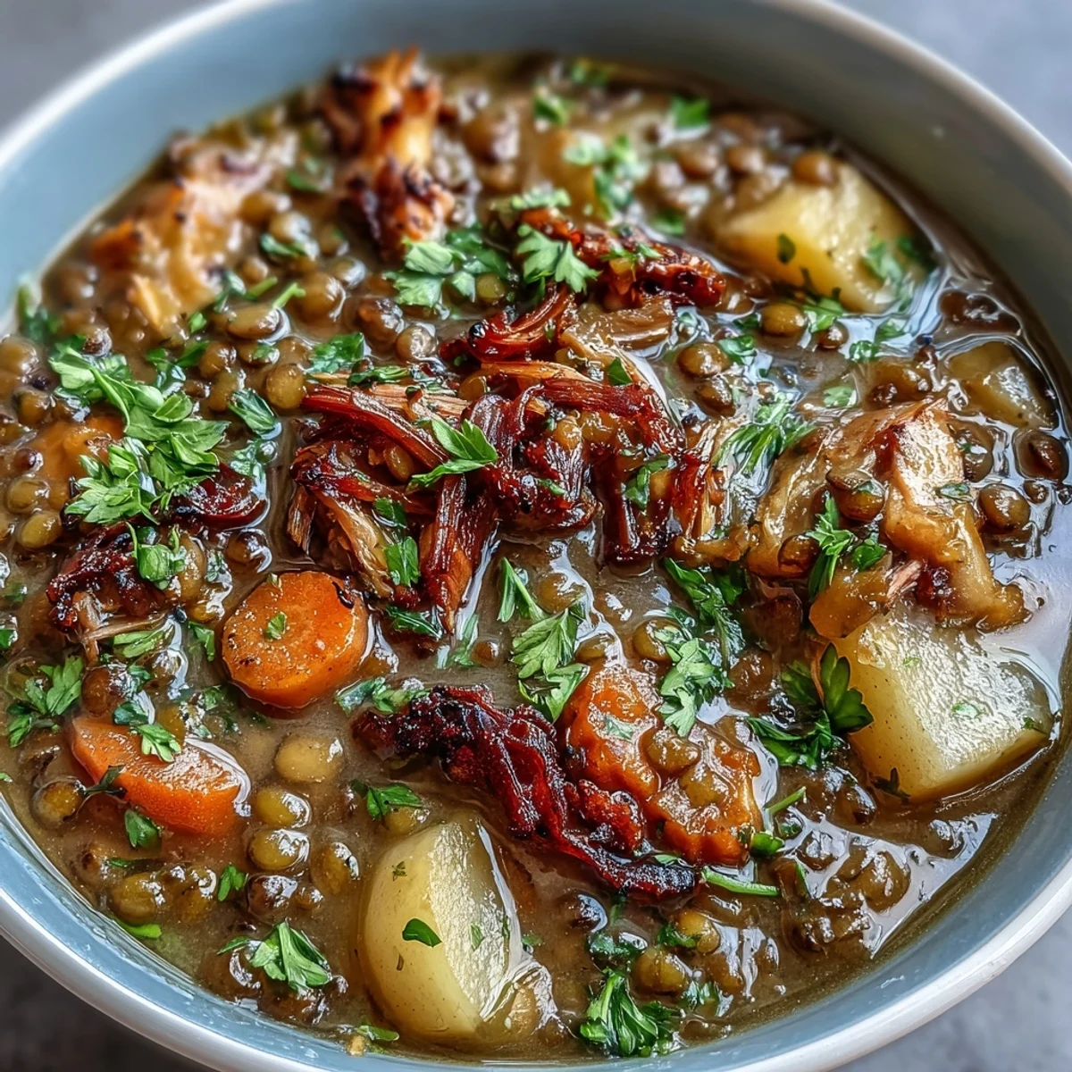 Hearty ham bone and lentil soup with root vegetables, simmered to perfection for a comforting meal.