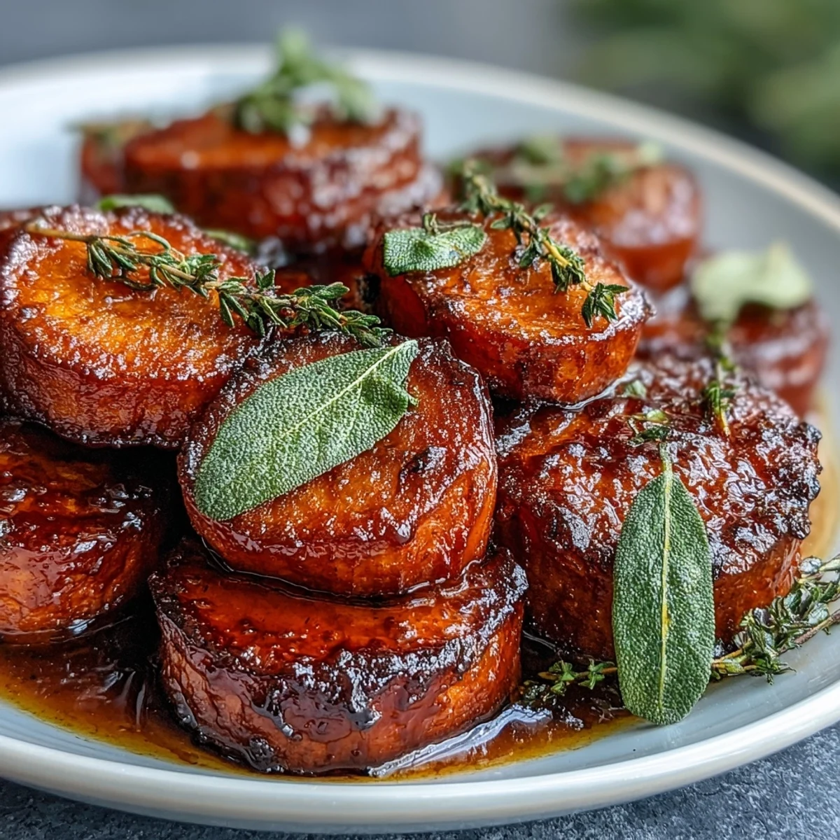 Candied yams with brown butter and sage in a glazed baking dish, golden and fragrant with fresh herbs.