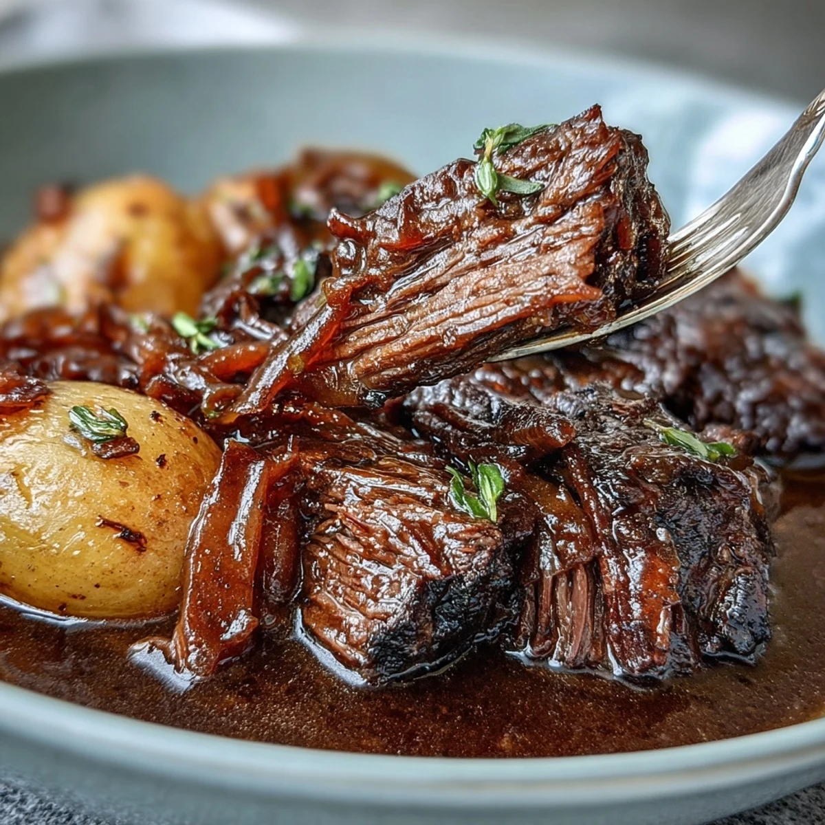 A savory slow cooker pot roast made with onion soup mix, tender beef, and hearty vegetables in a rich gravy.