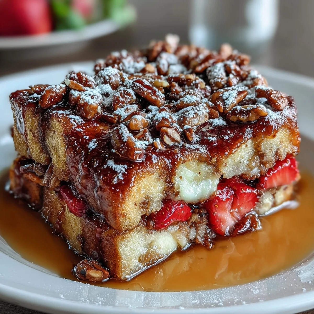 Warm and custardy strawberry French toast casserole, perfect for Galentine's Day brunch with friends and maple syrup.  