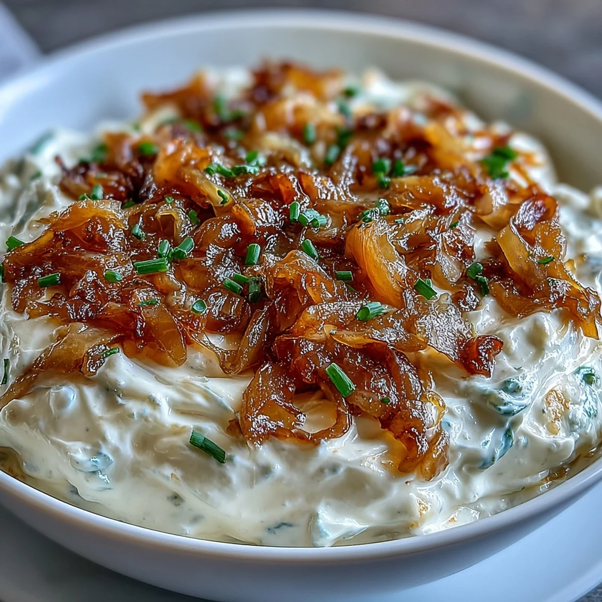 Velvety caramelized onion dip made with Greek yogurt, served alongside crackers and garnished with vibrant green chives for a savory appetizer.
