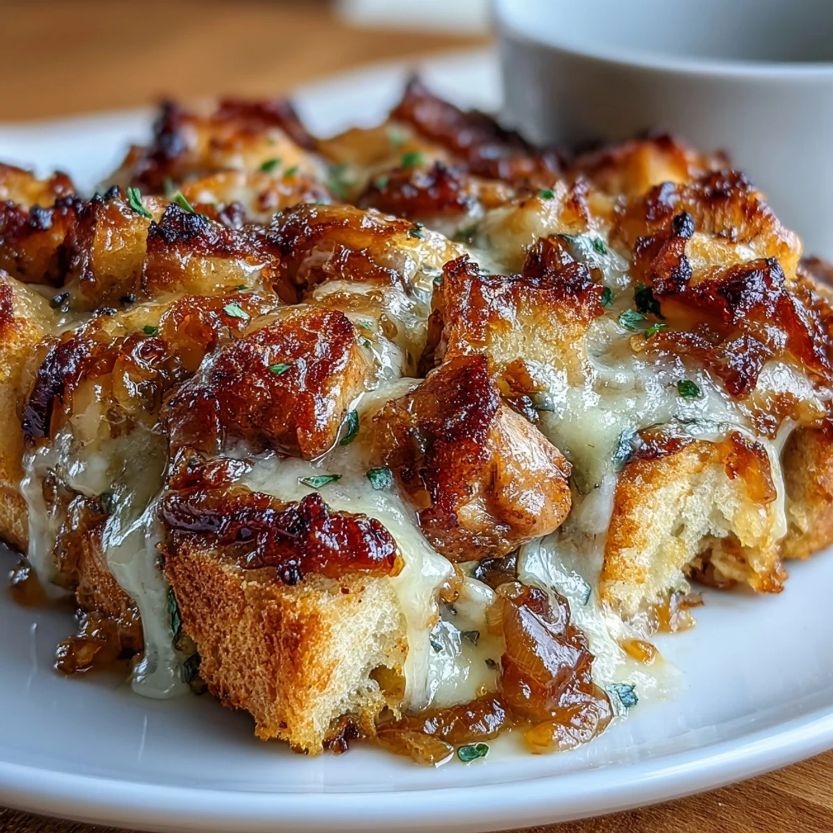 Golden chicken thighs baked with caramelized onions and a rich savory sauce, topped with crispy sourdough bread and melted Gruyère cheese in a comforting French-inspired dish.