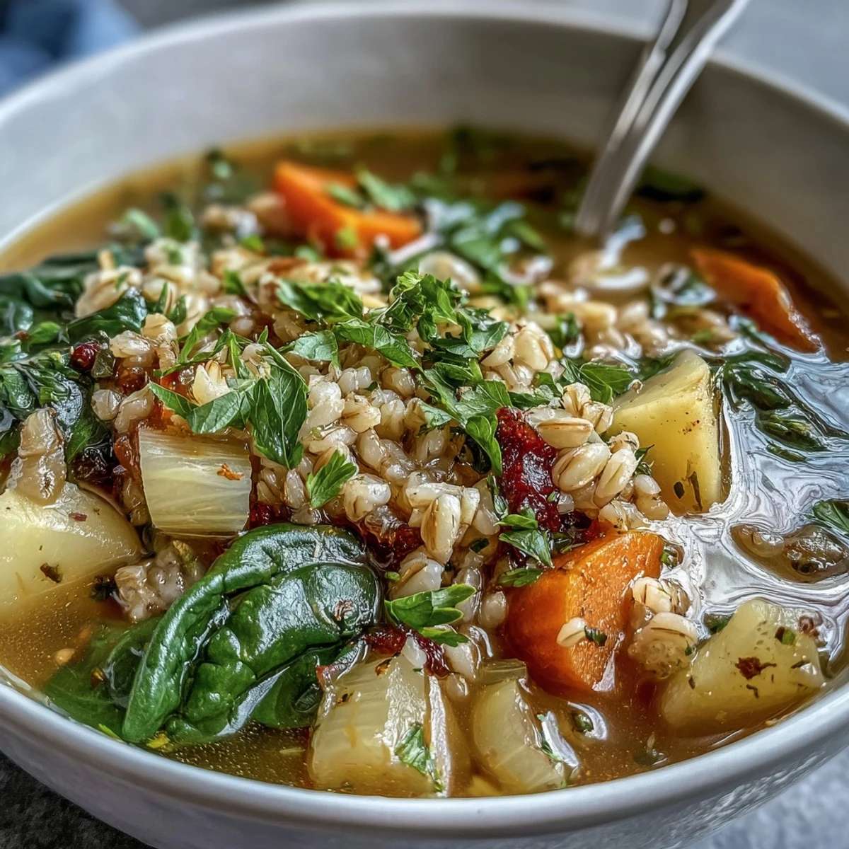 Warm Winter-to-Spring Vegetable Soup with Barley, a comforting bowl of hearty vegetables and tender barley in savory broth.