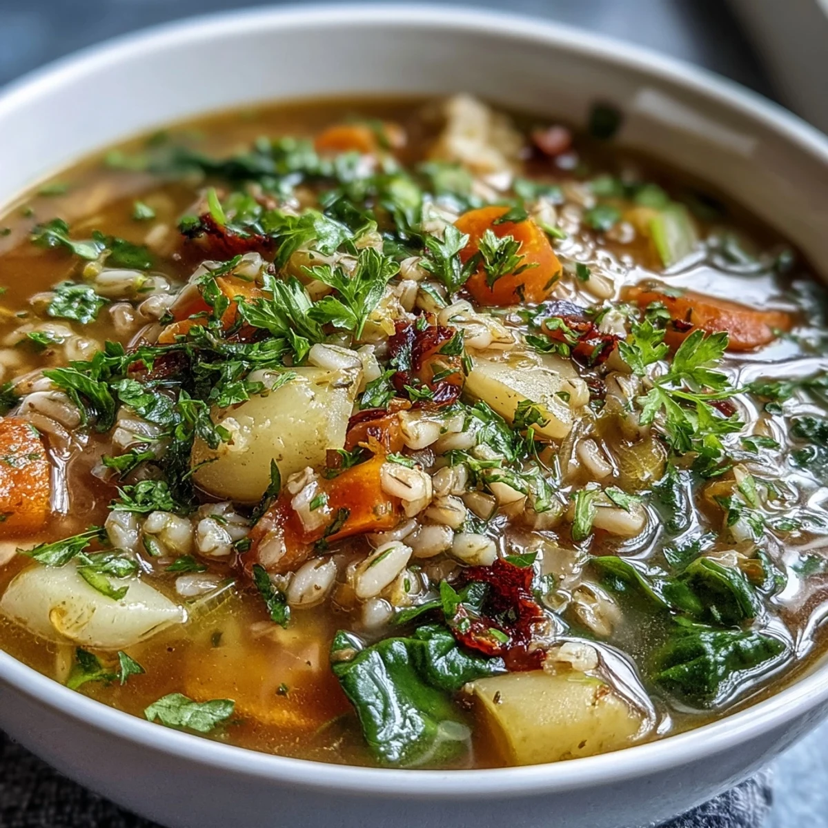A vibrant bowl of warm vegetable soup with barley, featuring tender root vegetables, fresh greens, and aromatic herbs.