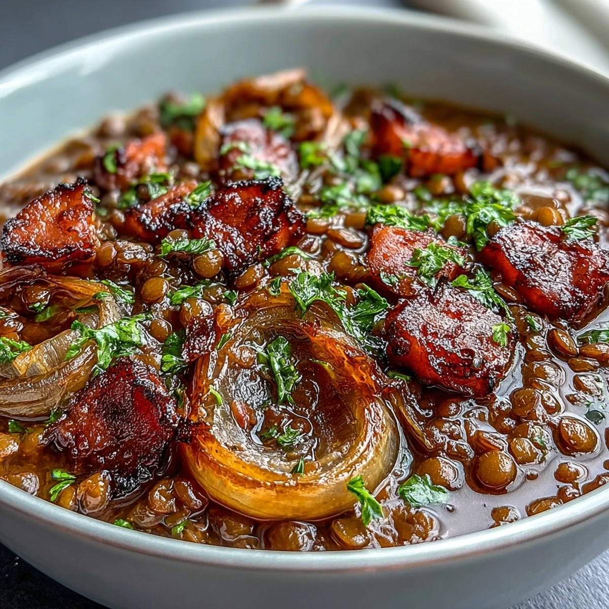 A steaming bowl of one-pot ham, onion, and lentil stew, rich with tender lentils and smoky ham chunks.