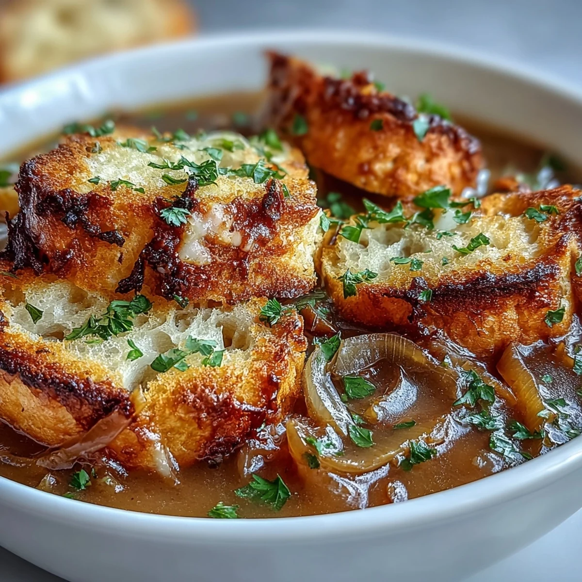 Creamy roasted garlic and caramelized onion soup with golden herb croutons in a rustic bowl.  