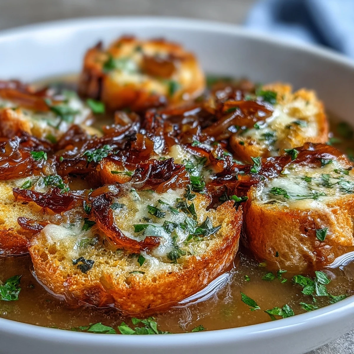 Rich vegetarian soup with deep roasted garlic flavor, topped with crunchy, fragrant herb croutons.