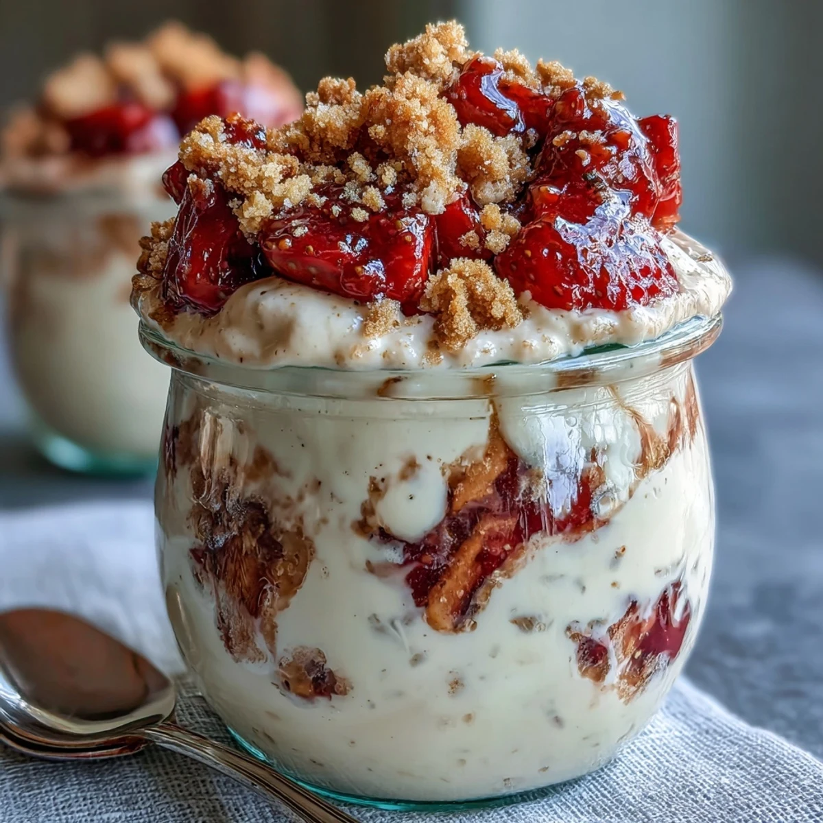 Creamy strawberry cheesecake overnight oats topped with fresh diced strawberries and crunchy graham cracker crumble for a delicious breakfast treat.