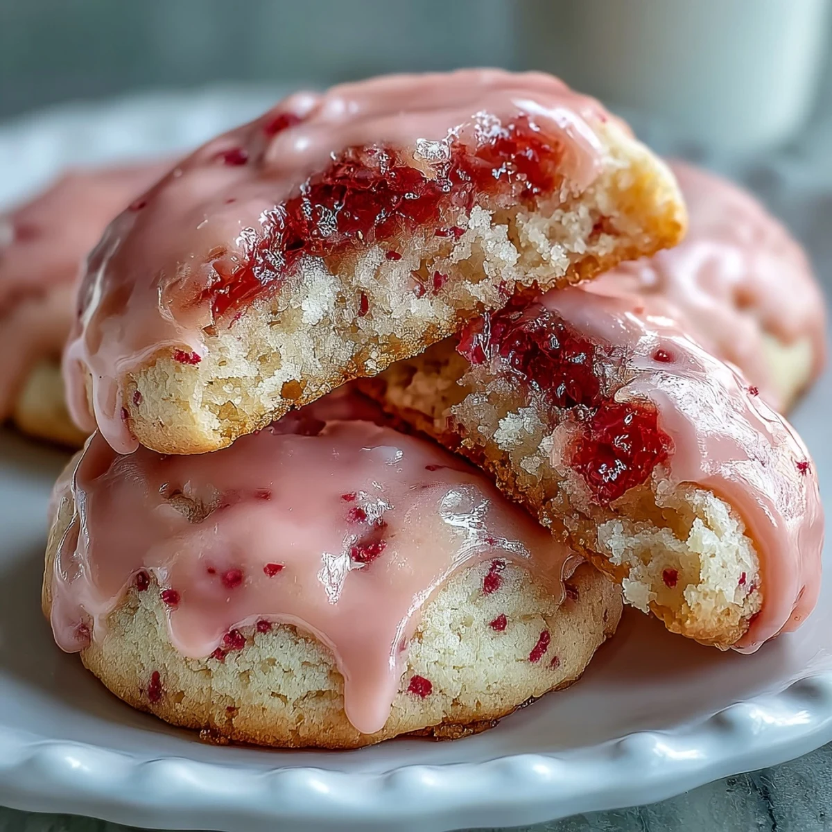 Soft strawberry sugar cookies with pink icing, topped with a glossy glaze and fresh strawberry slices.  