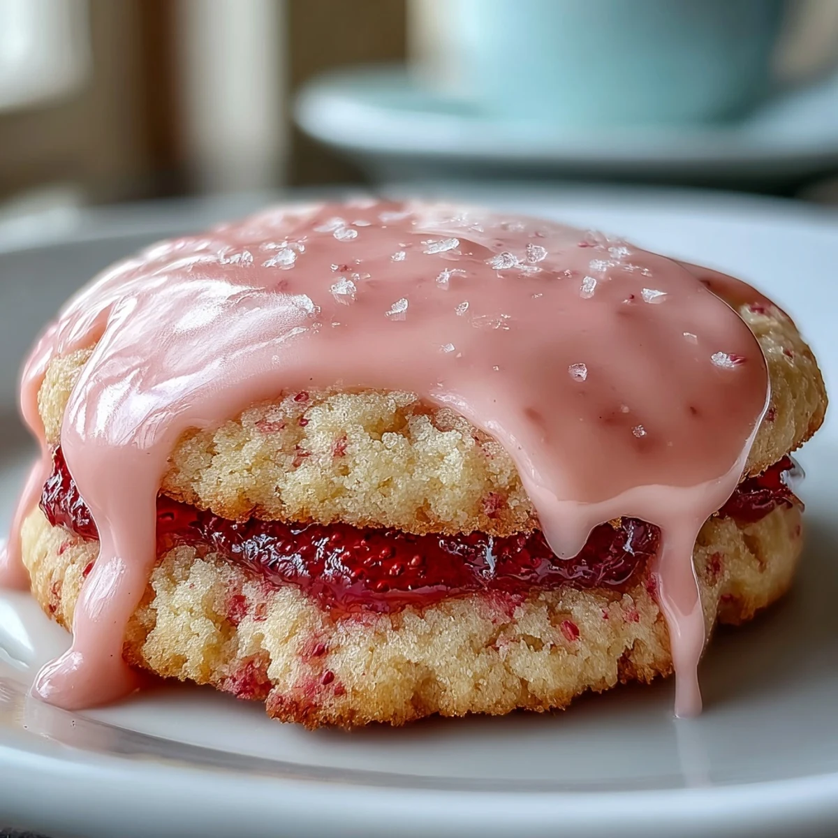 Platter of soft strawberry sugar cookies with pink icing, perfect for spring dessert tables or afternoon tea.
