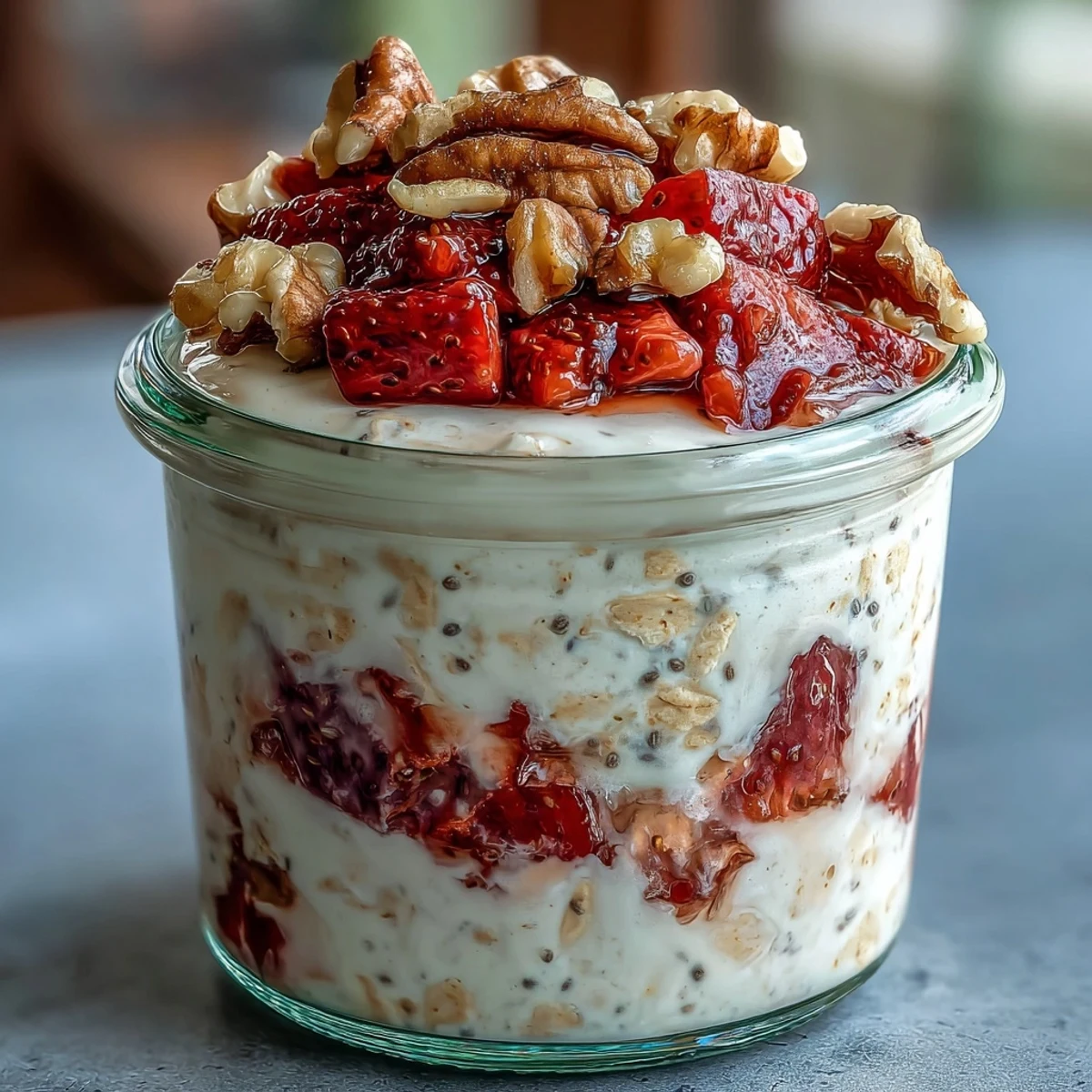 Wholesome overnight oats featuring ripe bananas, juicy strawberries, and crunchy walnuts, perfect for a quick, healthy morning meal.  