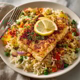 Close-up: Cajun Baked Cod with Rice Pilaf, flaky texture glistening, lemon slice visible.