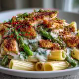 Plated Crispy Parmesan Asparagus Chicken Pasta features golden chicken, green asparagus, and creamy sauce.