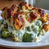 Golden-brown Keto Cheesy Broccoli Chicken Bake with melted cheddar bubbling over tender chicken and bright green broccoli florets.