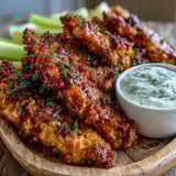 Spicy buffalo sauce coats tender baked chicken tenders served with crunchy celery.