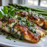 Bright, oven-baked Lemon Herb Tilapia fillets and vibrant green steamed asparagus on a white plate.