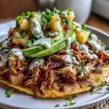 Crispy tostadas layered with seasoned chicken, zesty pineapple salsa, and creamy lime crema for a vibrant meal.  