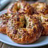 Fluffy protein bagels topped with savory everything seasoning, golden brown and freshly baked.  