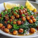 A healthy vegetarian appetizer, Easy Spinach and Chickpea Tapas with pan-seared spinach.
