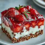 Vibrant Strawberry Pretzel Jello Salad with crunchy pretzel crust, smooth cream cheese.