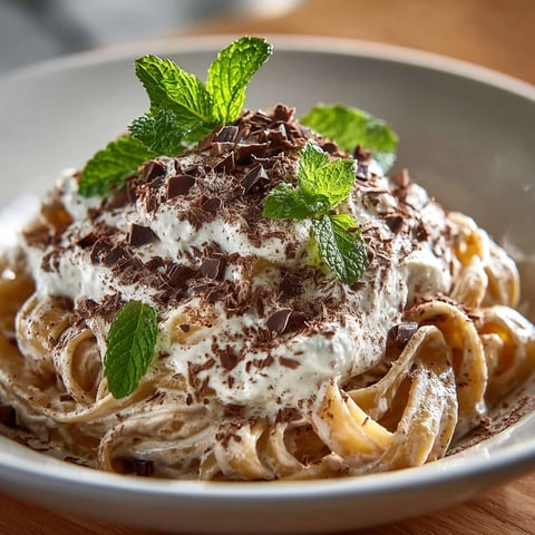 Silky tiramisu pasta coated in rich coffee cream sauce, dusted with cocoa and chocolate shavings for a decadent meal.