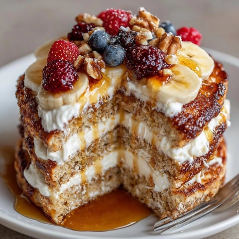 Fluffy protein pancake stack topped with fresh berries and honey, ready for breakfast enjoyment.