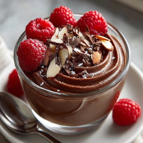 Silky chocolate avocado pudding garnished with fresh berries and shaved dark chocolate in glass bowls.