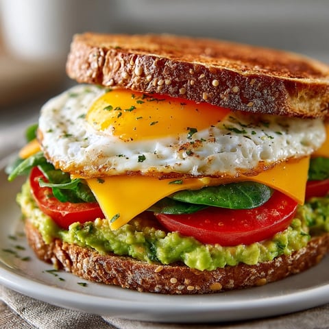 Breakfast sandwich with avocado stacked on toasted bread, melty cheddar, egg, and fresh veggies
