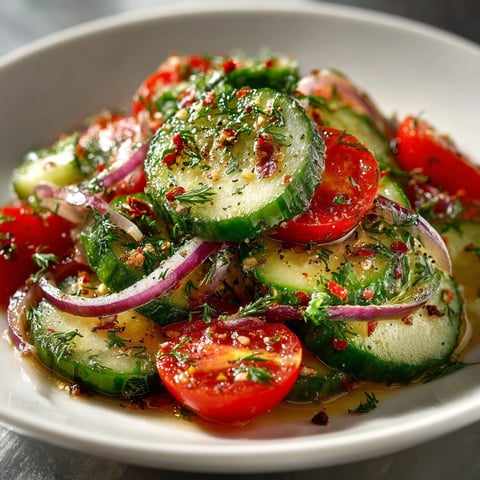Marinated Cucumbers, Onions, and Tomatoes salad glistening with vinaigrette, garnished with fresh dill.