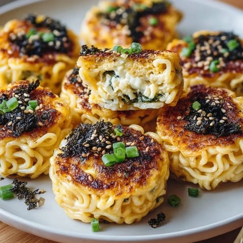 Golden brown Ramen Egg Bites, fresh from the oven, garnished with sesame seeds.