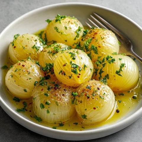 Golden brown Onion Boil: Tender halved onions simmered in fragrant broth, ready to enjoy.