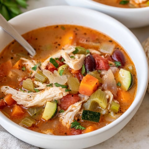 Close-up of flavorful Cajun Turkey Veggie Soup with vibrant colors, aroma implied spice.